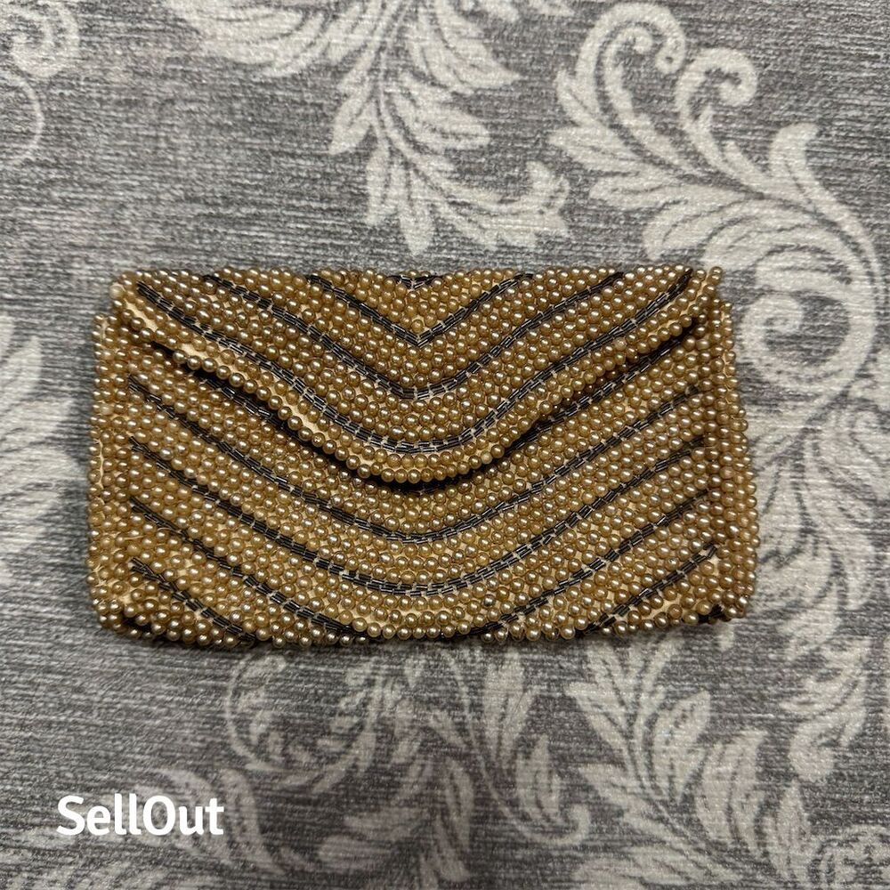 Vintage Ivory & Gray Chevron Beaded Clutch Purse Small Women's Bag